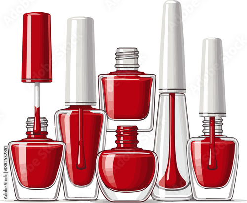 Create a kinds of deferent realistic Open nail polish bottle with red nail polish 3d rendering vector art with white background.