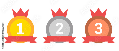 1st 2nd 3rd Place Medals with Red Ribbons. Vector Illustration for Sports Awards, Quizzes, and Education Apps
