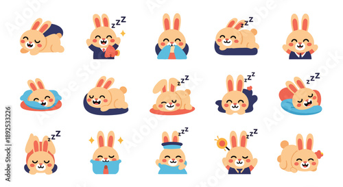 Collection of Cute Cartoon Bunnies Sleeping in Various Positions