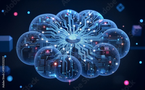 Wallpaper Mural Futuristic digital spheres orbit glowing hexagonal core, cybernetic data network in deep space. Torontodigital.ca