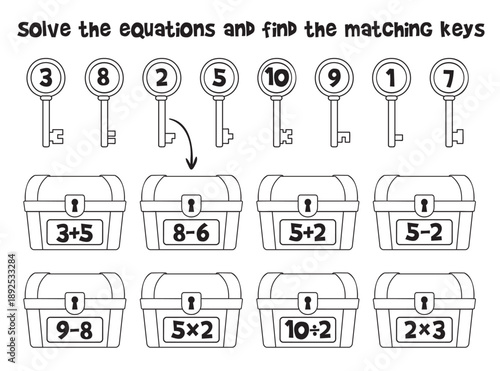 Math puzzle for kids - solve the equations and find matching keys for treasure chests. Fun educational worksheet for learning addition, subtraction, multiplication, and division. Coloring book