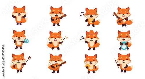 Cute Cartoon Fox Character Set Playing Musical Instruments