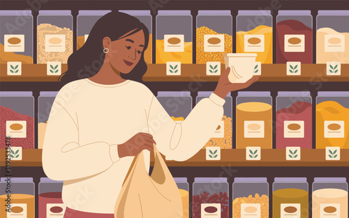 Woman shopping for spices in a well-stocked grocery store from a front viewpoint