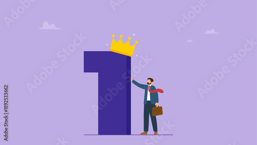 Success businessman stand with 1st place award with crown. First winner achievement, success or business victory, award winning celebration or best employee of the month, triumph.