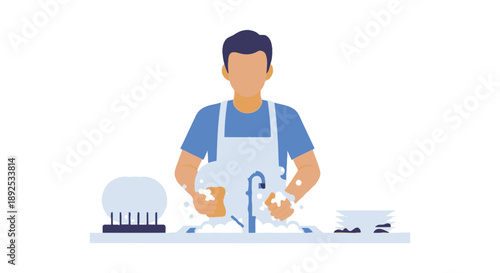 Man Washing Dishes in Kitchen Sink.
