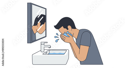 Man washing face with soap in bathroom.