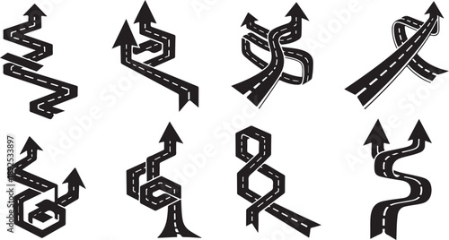 Collection of various winding road signs with arrows pointing