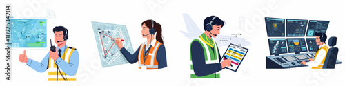 Aviation Professionals Working Together: Air Traffic Controllers and Ground Crew Managing Flights, Safety, and Airport Operations.