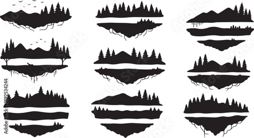 Collection of black silhouettes of mountains and forests landscape