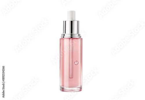 Pink serum bottle with silver dropper cap and elegant cylindrical design, isolated on a transparent background