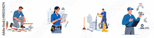 Professional Plumbing Service Set: Plumbers Fixing Leaks, Unclogging Drains, and Performing System Diagnostics with Tools and Technology.