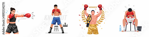 Boxing moments set: female boxer punching, male fighter ready, triumphant champion, and defeated athlete resting.