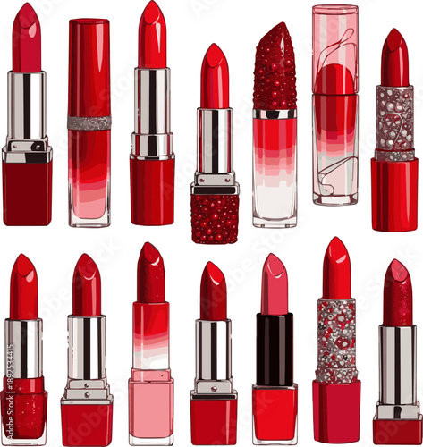 Create a kinds of deferent realistic Red lipstick vector art with white background.