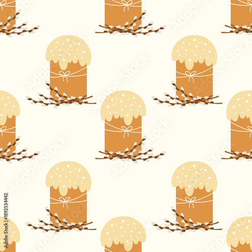 Pattern of Easter cakes, cupcakes, or cakes with icing and decorations against background of pussy willow branches. A symbol of the faithful, church symbol of Easter.
