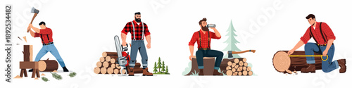 Set of lumberjack illustrations showing wood chopping, log processing, working with a chainsaw, resting, and measuring timber.