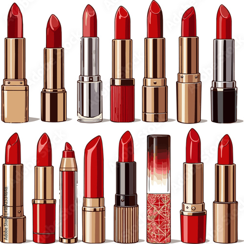 Create a kinds of deferent realistic Red lipstick vector art with white background.