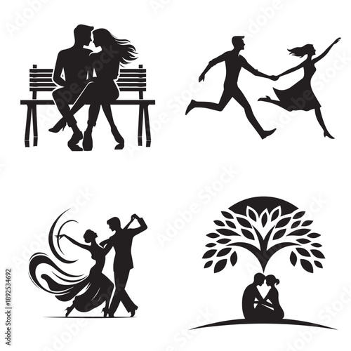 Romantic couple silhouettes illustrating different moments of love, connection, and intimacy