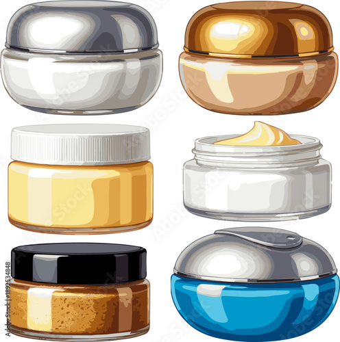 Create a kinds of deferent realistic Round glossy plastic jar with for cosmetics - face cream, body cream, butter, scrub, gel, skin care. 3d rendering packaging mockup template. vector art .