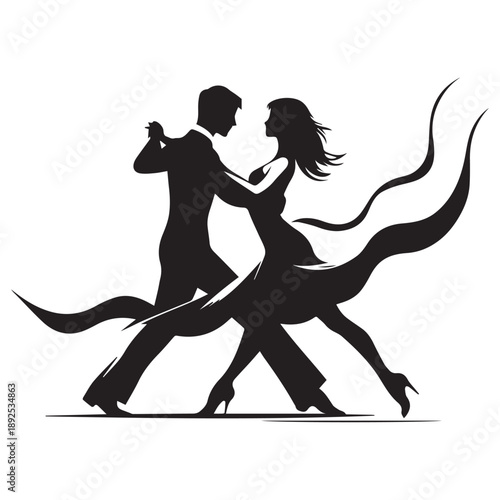 Passionate black silhouette of an elegant couple dancing a romantic partner dance