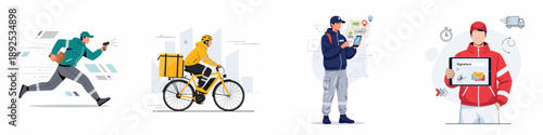 Modern courier services collection: delivery workers running, cycling, using GPS tracking, and confirming packages with digital signatures.