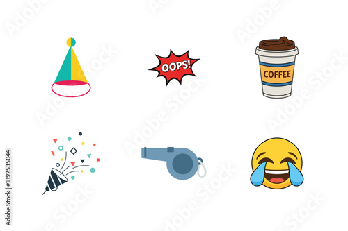 April Fools Day Fun Icon with Smiling Emoji, Party Popper, and Confetti - Vector Graphic