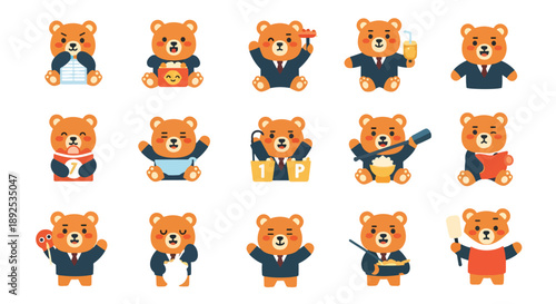 Set of Cartoon Business Teddy Bear Character Poses