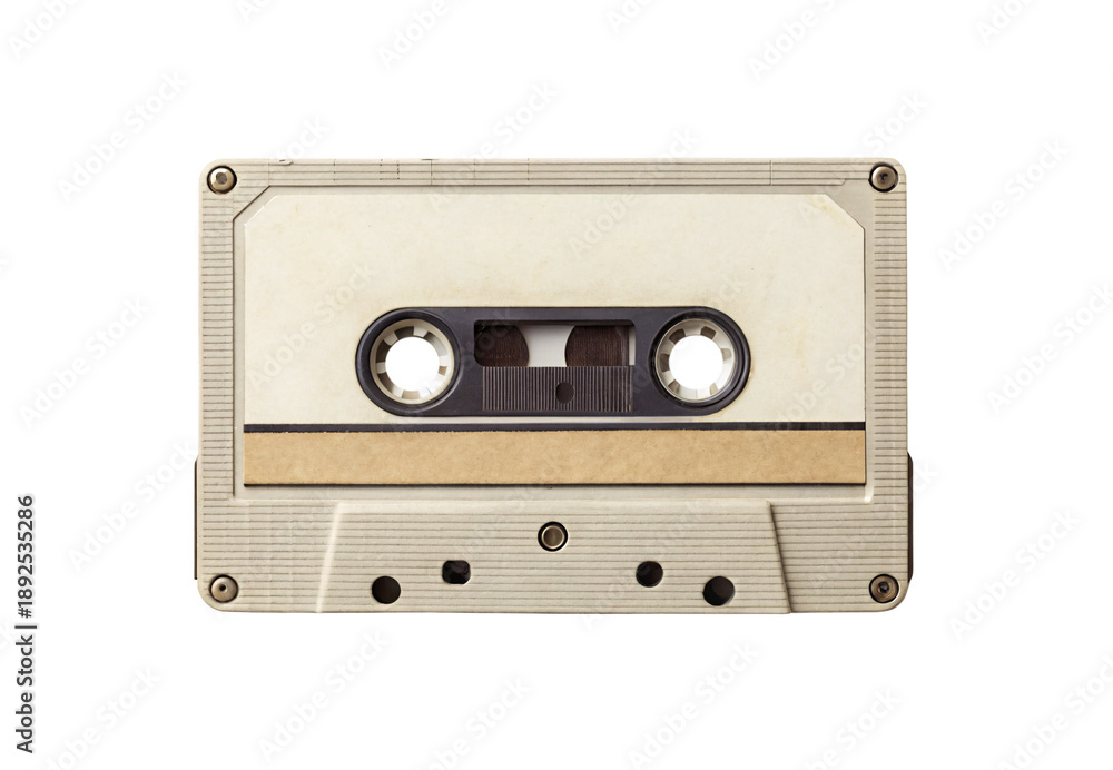 Fototapeta premium Vintage white cassette tape with beige label retro music storage analog, isolated on a transparent background