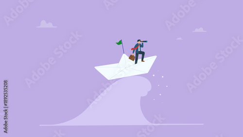 Businessman leader look through binocular on the ship in storm ocean. Vision to see opportunity, leadership to lead to success, search for challenge, look for goal, strategy to win business.