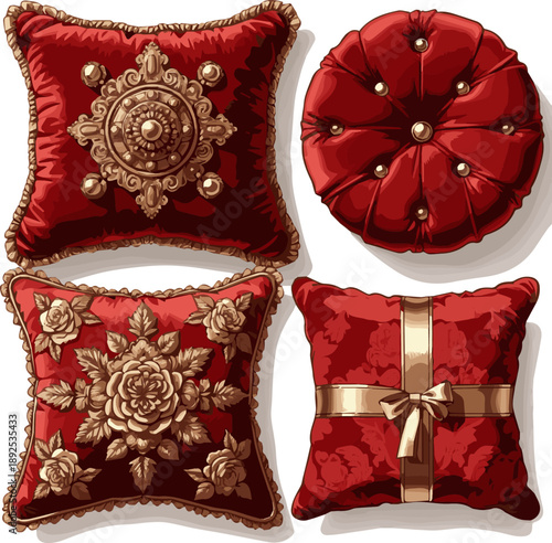 Create a kinds of deferent realistic Royal red velvet pillow vector art with white background.