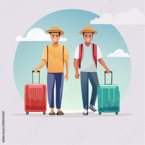Two young men in hats with luggage, ready for an exciting travel adventure