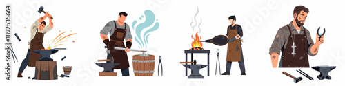 Vector illustration of blacksmith work stages including hammering, cooling, heating the metal, and holding a finished horseshoe.