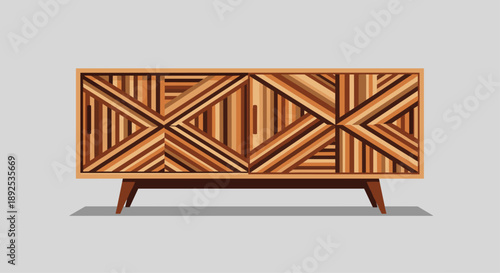 Mid-Century Modern Wooden Sideboard with Intricate Geometric Inlay Design and Tapered Legs for Retro Inspired Living Room Decor and Home Storage Solutions