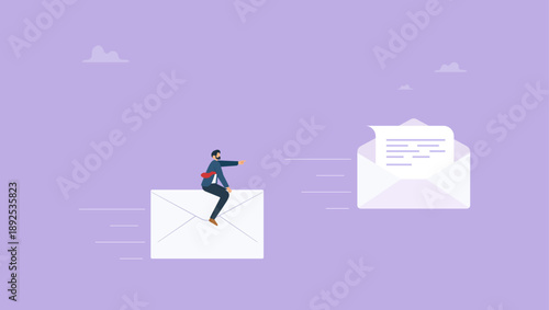 Businessman riding flying follow up email envelope. Follow up email sending message to confirm important project, ensure progress or tracking project status, communicate plan.