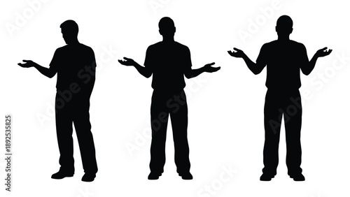Three identical silhouetted men with outstretched hands suggesting choice or questioning