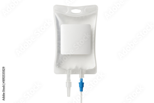 Clinical infusion solution bag with ports and cap, healthcare treatment hydration concept, high detail isolated object on black