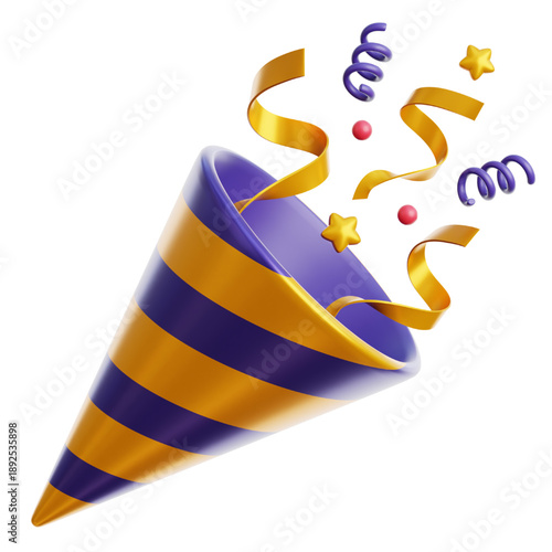 A vibrant 3D illustration of a party popper exploding with golden streamers, confetti, and stars, capturing the essence of celebration and fun