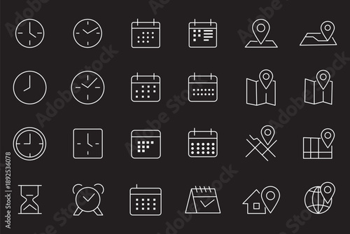 Location, time and date line icons set. Map, clock, calendar, navigation. editable stroke. vector illustration