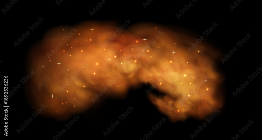 Fototapeta premium Abstract orange smoke effect with floating sparks creates dramatic fire atmosphere, ideal for overlay compositions with mysterious fog and burning ember elements.