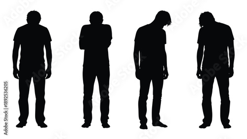 Four silhouetted figures stand in a row exhibiting varying postures and head positions