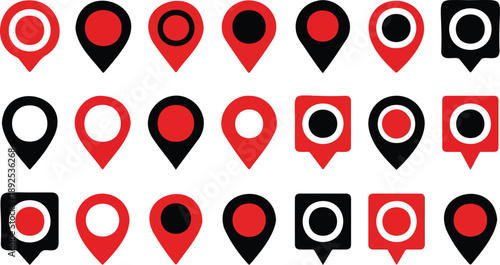 Red and Black Location Pin Icon Set Vector