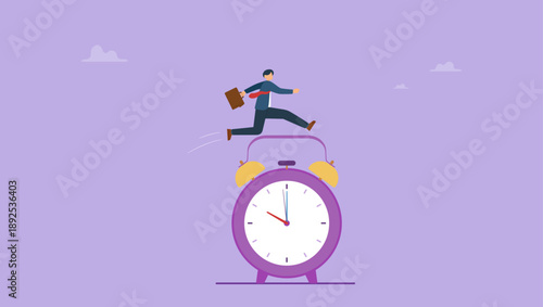 Confidence businessman jump over alarm clock. Punctual being on time or time management, work deadline or procrastination, self discipline, work efficiency or reminder, urgency or quick work.