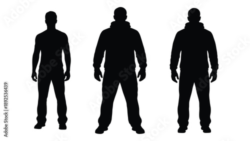 Three male silhouettes stand in a row against a plain white background