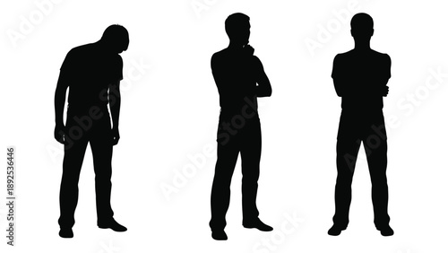 Three silhouetted men standing in different poses against a white background