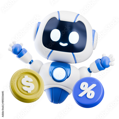 3D Robot Character Holding a Gold Coin and Percent Symbol, Representing Financial Technology and Digital Commerce