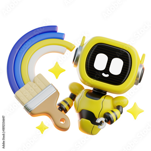 Creative Robot Artist Painting a Colorful Rainbow with a Paintbrush and Sparkles, 3D Illustration