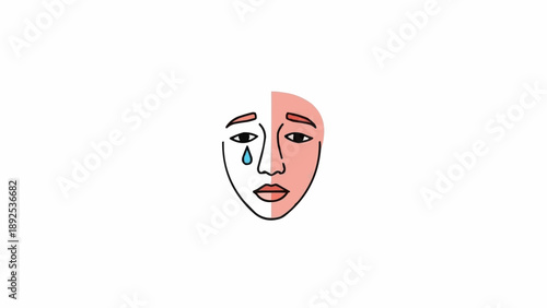 Split face with sad and happy emotions.