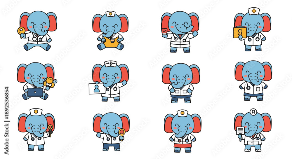 Fototapeta premium Cartoon Elephant Doctor Set with Various Poses