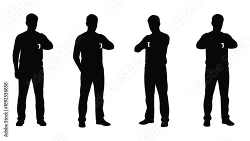 Four identical black silhouettes of men standing with arms crossed facing forward