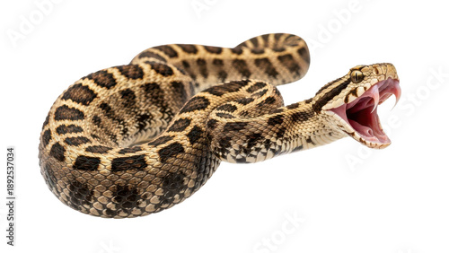 Puff adder snake with fangs and open mouth, brown and black patterned scales, venomous reptile isolated PNG with Transparent Background