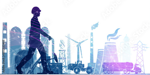 Wallpaper Mural Walking industrial worker or engineer silhouette featuring energy generation and infrastructure icons. Project management, engineering and safety inspection. Torontodigital.ca